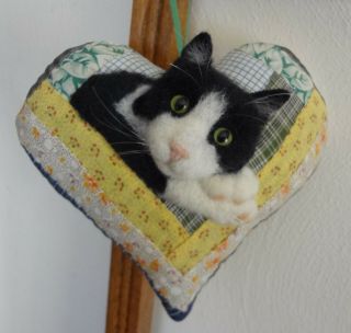 3d Tuxedo Cat On Antique Quilt Heart Pillow Ooak Fabric Art By Renate 