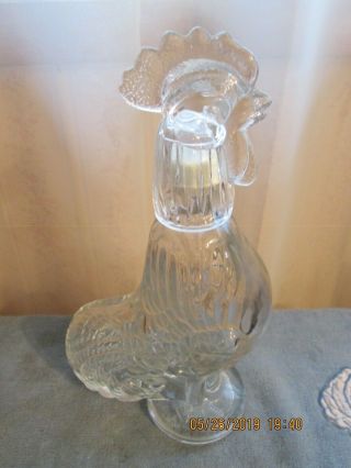 Vintage Clear Glass Rooster Decanter With Shot Glass Top Fitted Cap