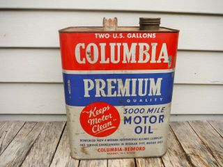 Vintage 2 Gallon Columbia Premium Motor Oil Can Neat Nr Columbia Bedford N.  J.