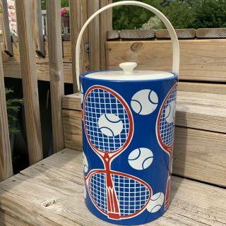 Vintage Georges Briard Ice Bucket Tennis Racket Red White Blue Lid Large
