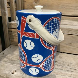 Vintage Georges Briard Ice Bucket Tennis Racket Red White Blue Lid Large 3