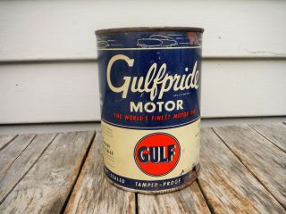 Vintage 1 Quart Gulf Oil Co.  Gulfpride Motor Oil Can Metal Nr Man Cave