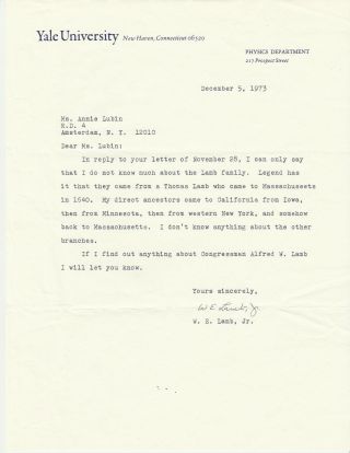 Willis Lamb (nobel Prize Physics 1955) Typed Signed Letter Yale Univ.  Dec.  1973