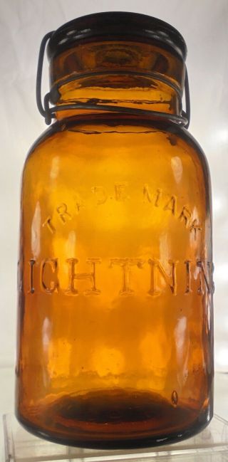 Lightning Fruit Jar.  1 Quart.  Amber.  Whittled.  Lid.  Minty