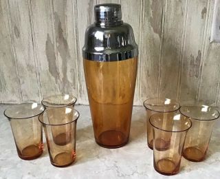 Vintage Mid Century 7pc.  Cocktail Shaker Set Amber Glass