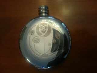Round Pewter Flask With Rose Motif By Edwin Blyde Sheffield England
