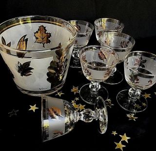Vintage Libbey Cocktail Glasses And Ice Bucket With Gold Leaves Pattern