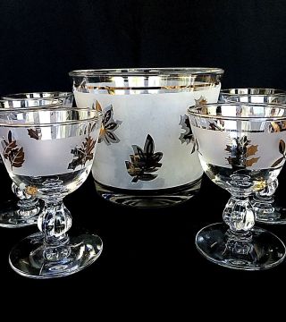 Vintage Libbey Cocktail Glasses and Ice Bucket With Gold Leaves Pattern 3