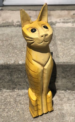 Vintage 20 " Yellow Tabby Carved Wood Log Folk Art Kitty Kitten Cat Statue Figure