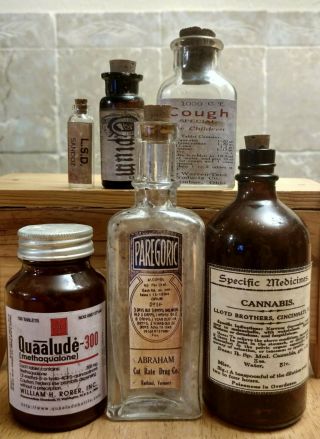Old Medicine Bottle Hand Craft,  Opium,  Quaalude,  Cannabis,  Lsd,  Paregoric,  Cough W/can