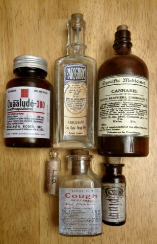 Old Medicine Bottle Hand Craft,  Opium,  Quaalude,  Cannabis,  LSD,  Paregoric,  Cough w/Can 2