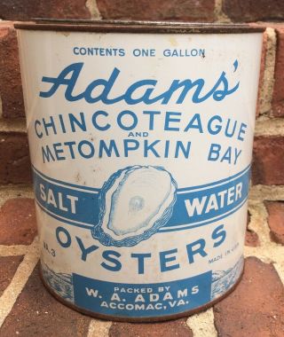 Adams Chincoteague And Metompkin Bay Gallon Seafood Oyster Tin Can Virginia