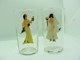 2 Vintage Risqué Peek A Boo Nude Pin Up Girl Peep Show Drinking Glasses 3