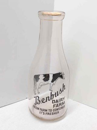 Rare Vintage Benbush Dairy Creve Coeur,  Mo Farm One Quart Glass Milk Bottle Cow