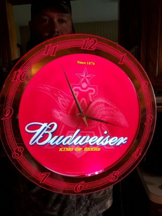 Round Neon Light With Clock Budweiser King Of Beers 2000 Red Great