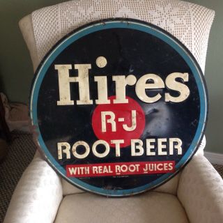 Vintage Hires Root Beer Soda Pop Gas Station Embossed Metal Sign 24in.  1940s