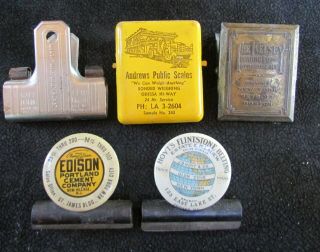 5 Vintage Metal Note Paper Advertising Clips Edison Cement Flintstone Belting