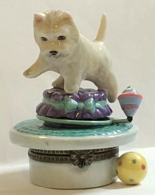 Studio Usa Porcelain Hinged Trinket Box Westie Playing With Spinning Top On Hat