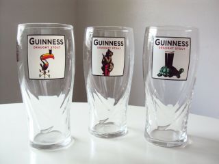 Set Of 3 - Guinness Draught Stout Toucan,  Bear And Turtle Pint Beer Glass