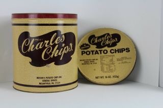 Vintage Charles Chips Metal Tin Can Potato Chip Canister 16 Oz Charlie Chips