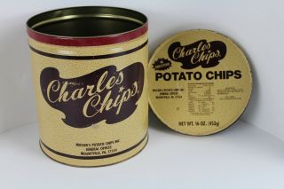 Vintage Charles Chips Metal Tin Can Potato Chip Canister 16 oz Charlie Chips 2