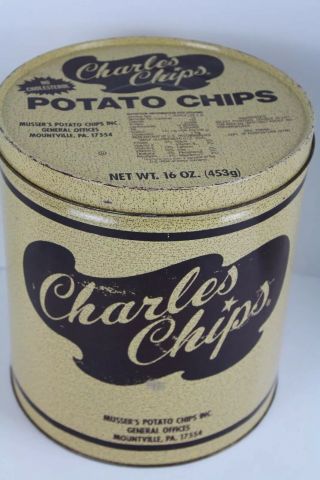Vintage Charles Chips Metal Tin Can Potato Chip Canister 16 oz Charlie Chips 3