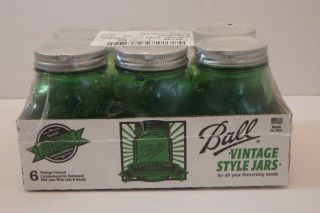6 Green Ball Mason Jars 100th Anniversary Vintage Style Canning Pint 16oz