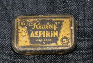 Vintage Advertising " Realeef " Aspirin Tin For The Relief Of Headache 5 Cents Ky