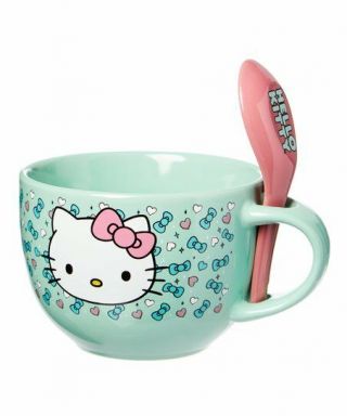 Hello Kitty Blue Bow Ceramic Soup Mug&spoon Set By Silver Buffalo