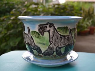 Kerry Blue Terrier.  Handpainted Ceramic Flower Pot.  Ooak.  Look