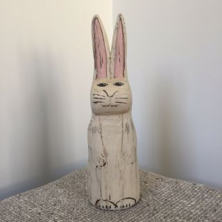 Wood Bunny Rabbit Sculpture Karen Rankin 1990 Folk Art Figurine