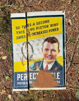 Rare Perfect Circle Piston Rings Gas Oil Advertising Thin Tin Sign Not Porcelain