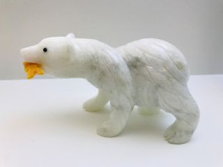 White Hand Carved Gemstone Polar Bear With Orange Fish In Mouth