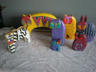 7 Vintage Laurel Burch Wood Cats Cat,  Large And Small