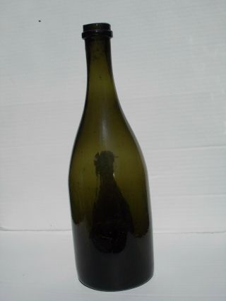 Antique Black Olive Green Glass Wine Bottle,  Op,  11 3/4 "
