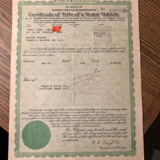 1927 Ford Model T Touring Certificate Of Title North Carolina Reg Historic Only