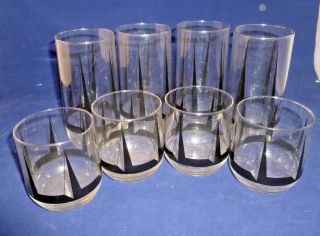 Set Of 8 Vintage Atomic Mc Glasses Clear With Black Pyramids 2 Sizes