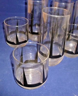 Set of 8 Vintage Atomic MC Glasses Clear with Black Pyramids 2 sizes 2