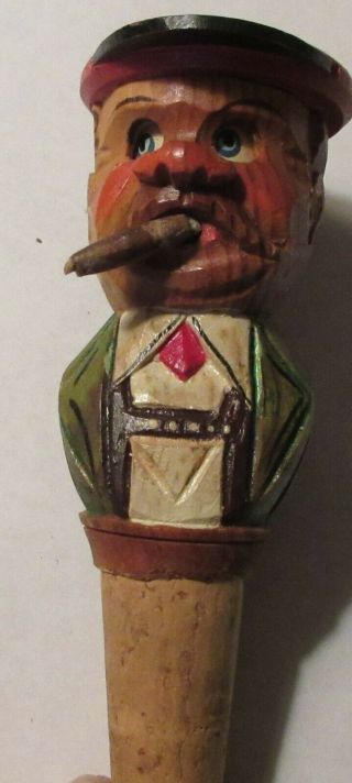 Vintage 4.  7 " Movable Carved Wood Man With Cigar Cork Bottle Stopper,  - Vg