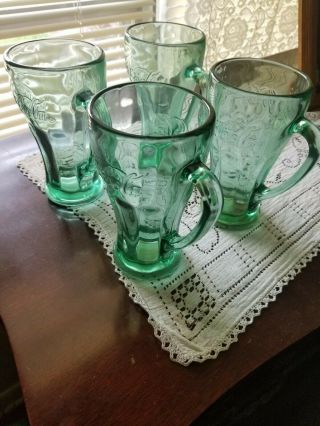 4 Coca Cola Heavy Libbey Green Tint Glass/mug With Handle 6 1/4 " Tall 14oz