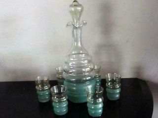 Small Depression Era Frosted Green Decanter 6 Cordial Shot Glasses