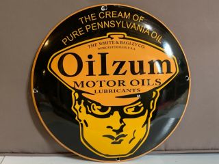 12 In Oilzim Motor Oil Porcelain Enamel Sign Gas Oil Pump Plate