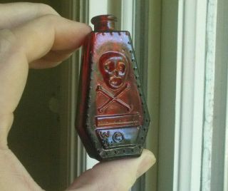 Ruby Red Glass Skull & Crossbones R.  I.  P Coffin Shape Figural Poison Bottle 1970s