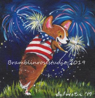 Welsh Pembroke Corgi Painting Dog Puppy Fourth Of July Americana Patriotic Art