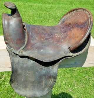 Antique Early Old High Back A Fork Cowboy Western Saddle Fancy Stitched Seat Nr