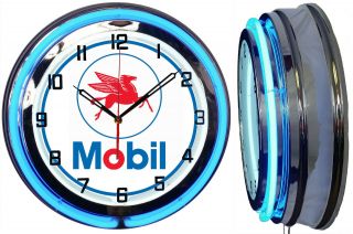 Mobil Gas And Oil 19 " Double Neon Clock Blue Neon Chrome Finish
