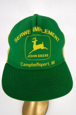 Vtg John Deere Snapback Mesh Trucker Hat Serwe Implement Campbellsport Wisconsin