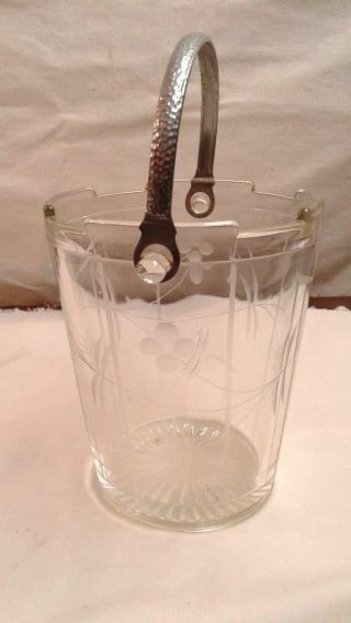Glass Ice Bucket With Hammered Metal Handle With Wheel Cut Flowers Vintage