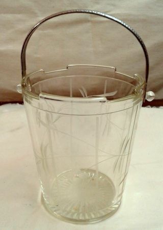 Glass Ice Bucket with Hammered Metal Handle with Wheel Cut Flowers Vintage 2