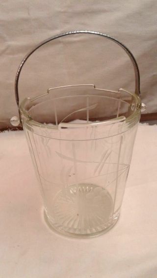 Glass Ice Bucket with Hammered Metal Handle with Wheel Cut Flowers Vintage 3